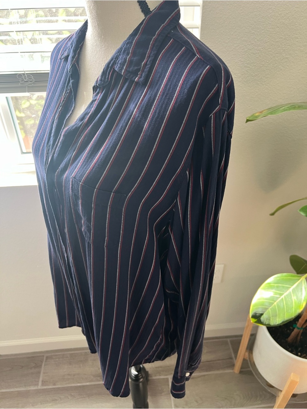 Navy Striped Button-Up Blouse - Women's Top